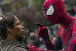 Jamie Foxx and Andrew Garfield as Spider-Man star in Columbia Pictures' "The Amazing Spider-Man," also Emma Stone.